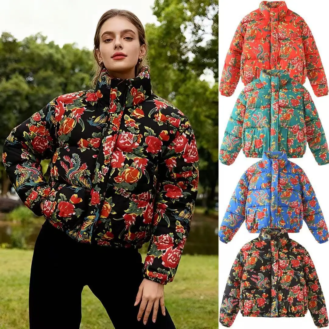 AW Y2k Parkas for Woman Winter New Cotton Jacket Chic Flower Print Zipper Vintage Chinese Traditional Patter Short Parkas