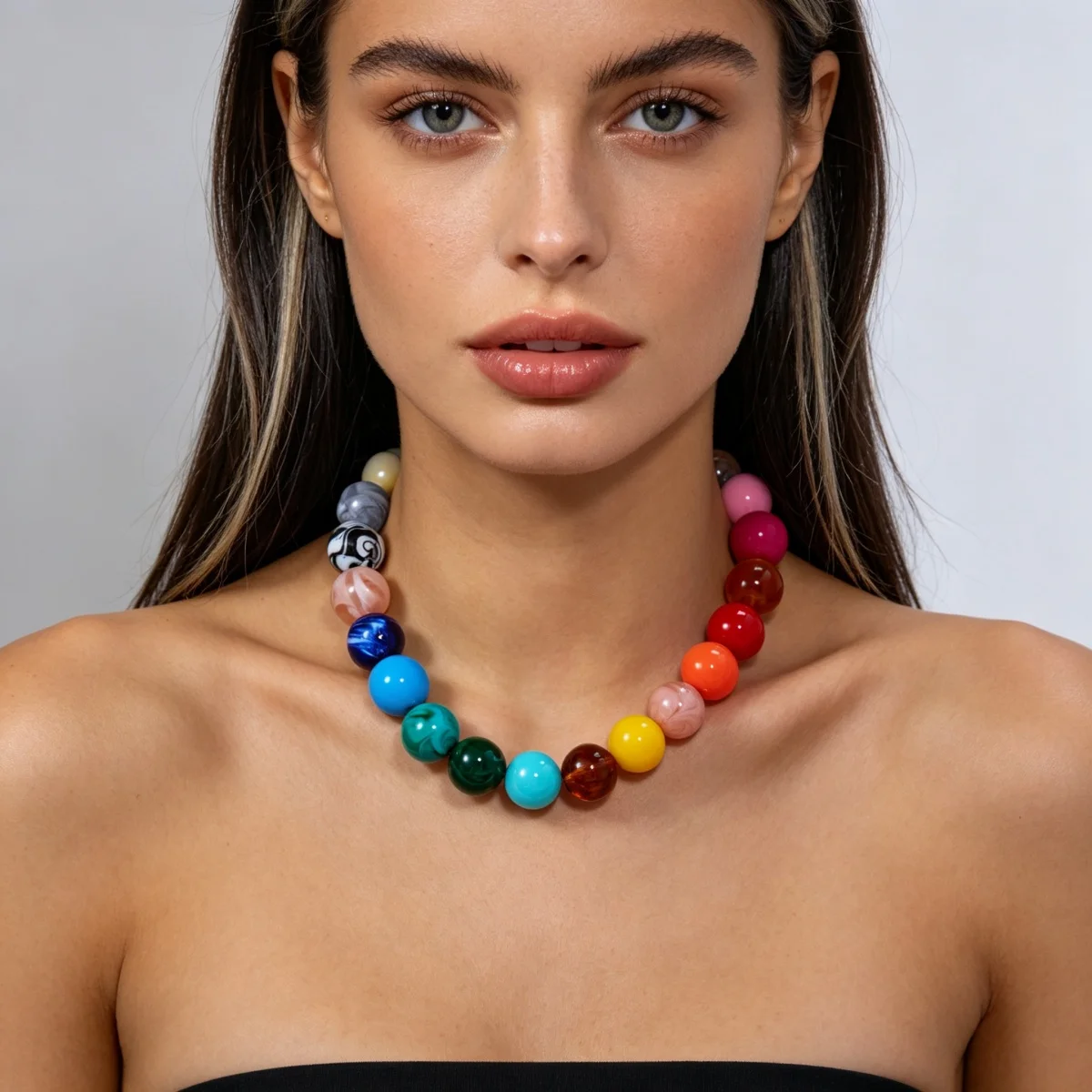 Modische bunte Acryl-Halskette mit großen runden Perlen für Damen und Herren, böhmische blaue braune Harzperlen, Choker, Y2K-Ästhetik-Schmuck – Detail 9