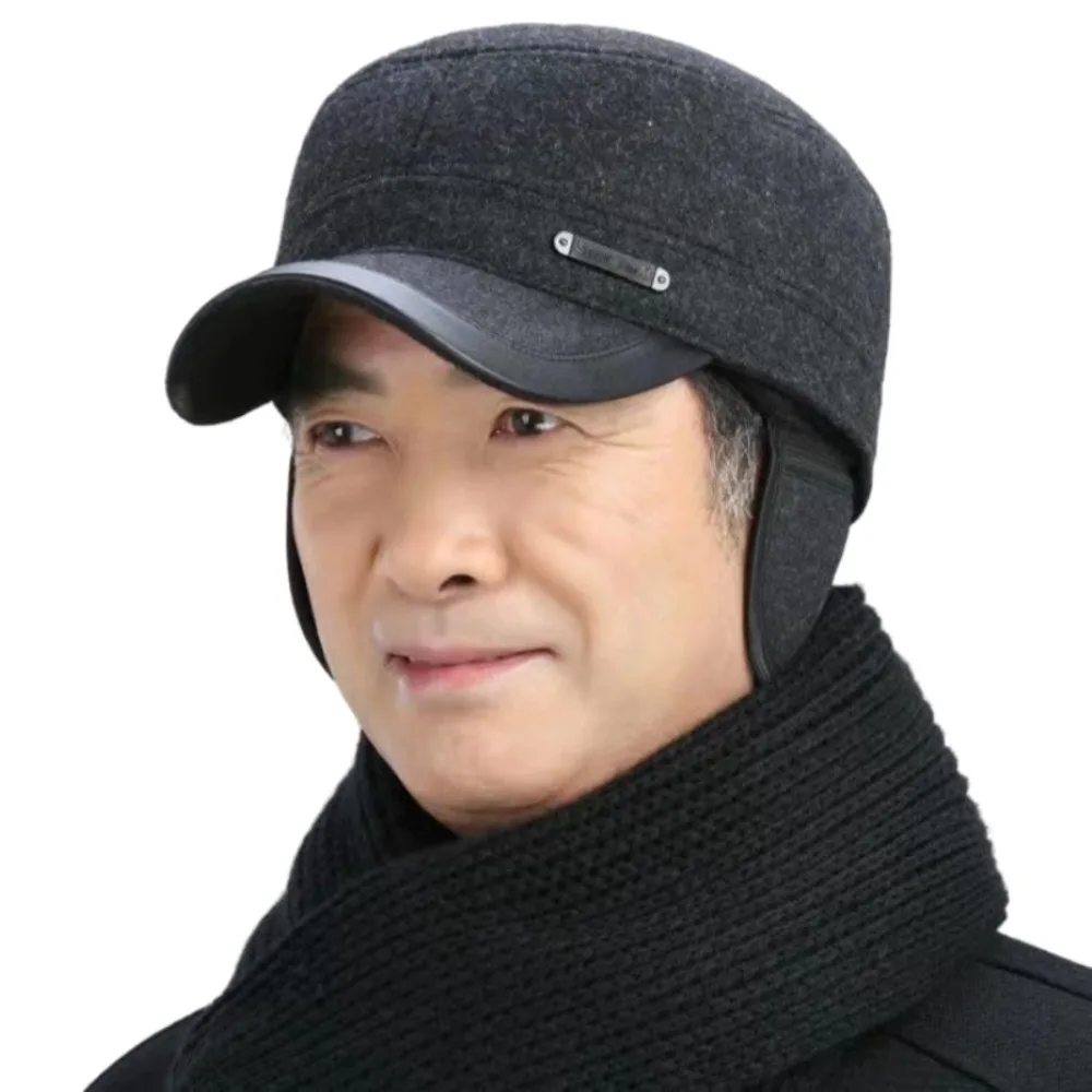 Soft Men Warm Flat Top Hat Leather Brim Thickened Cold Proof Baseball Cap Anti-cold Plush Ear Protection Wool Cap