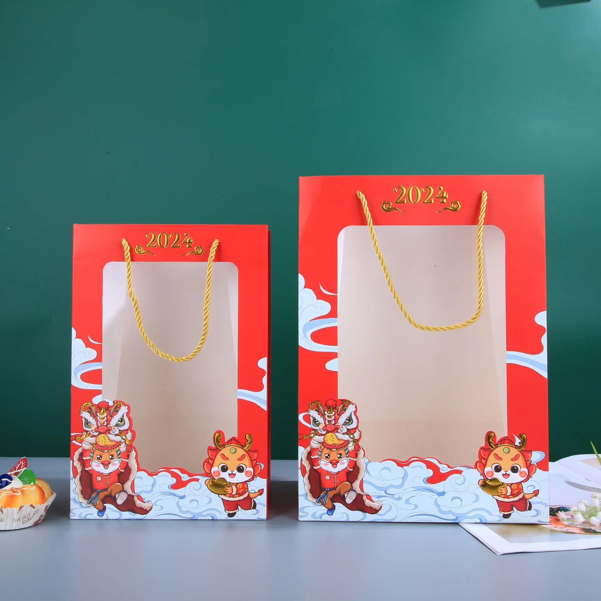 

5pcs Dragon Year Treat Paper Bags with Handles Window Red Dragon Year Goodie Thickened Treat Bags Lunar New Year Party Favors