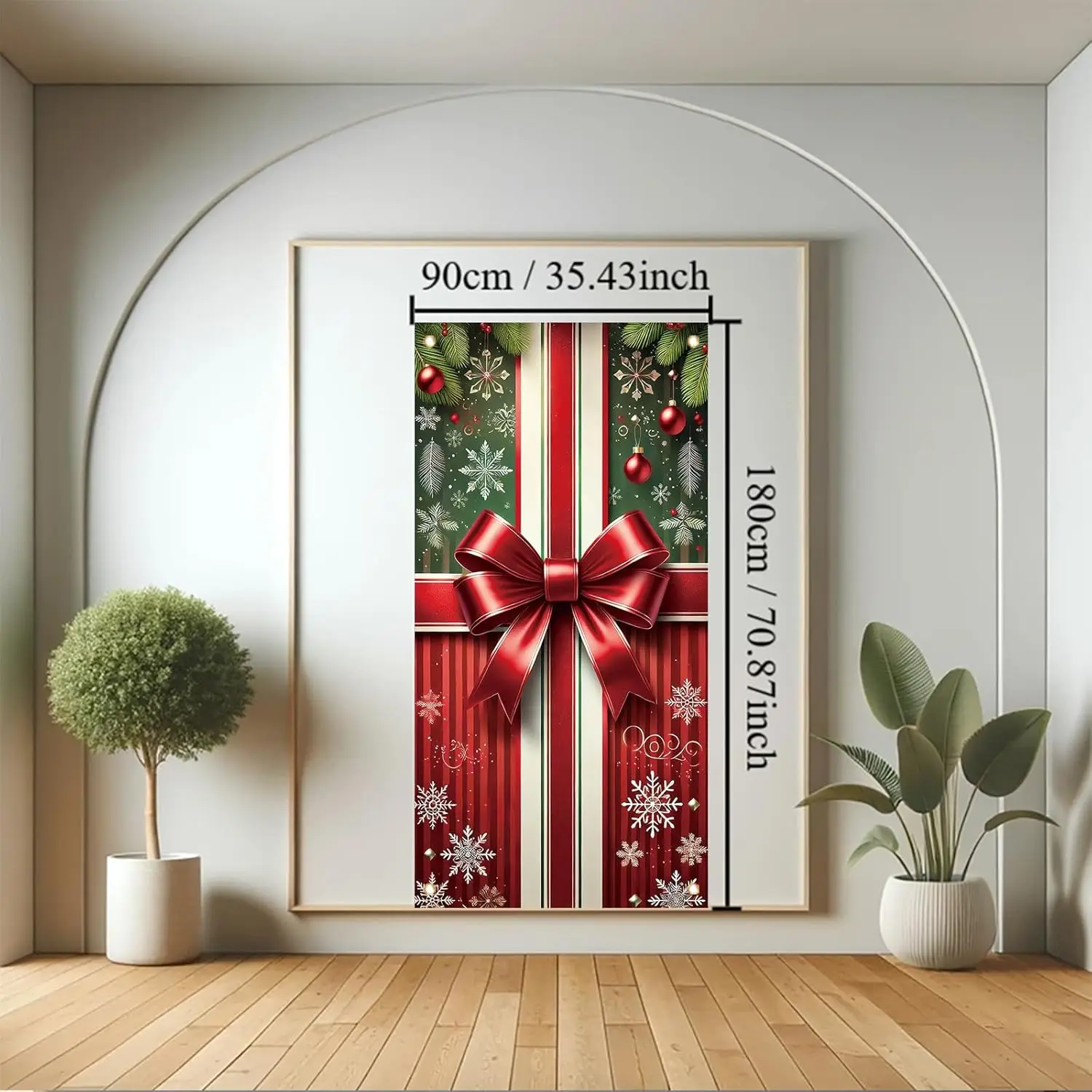 لافتة عيد الميلاد لتزيين الباب الأمامي مع حلي على شكل فيونكة شريطية حمراء وأنماط تغليف هدايا مخططة لعيد الميلاد #6