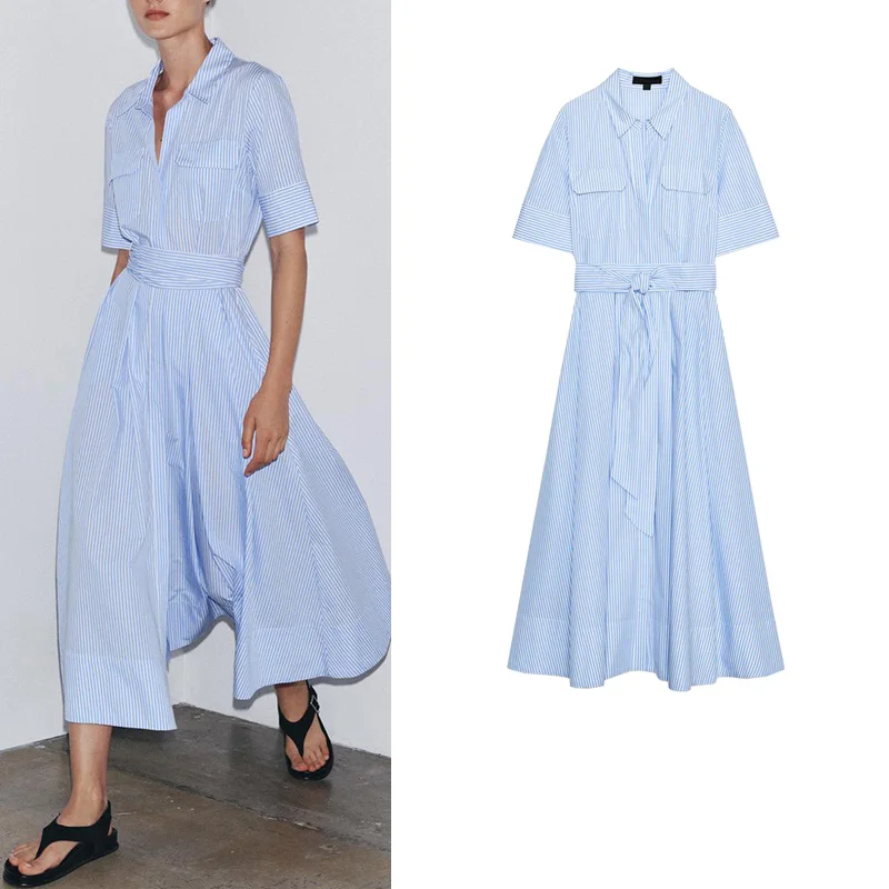

Summer New Women's Cotton irt Collar ort Sve Knot Decorated Sle Dr High Waist A-Line Skirt