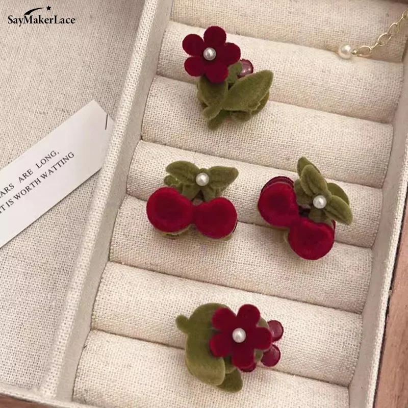 2pcs/set Flocking Flowers Side Hair Clips Hair Accessories For Women Cherry Hairpin Mini Cute Girls Headwear