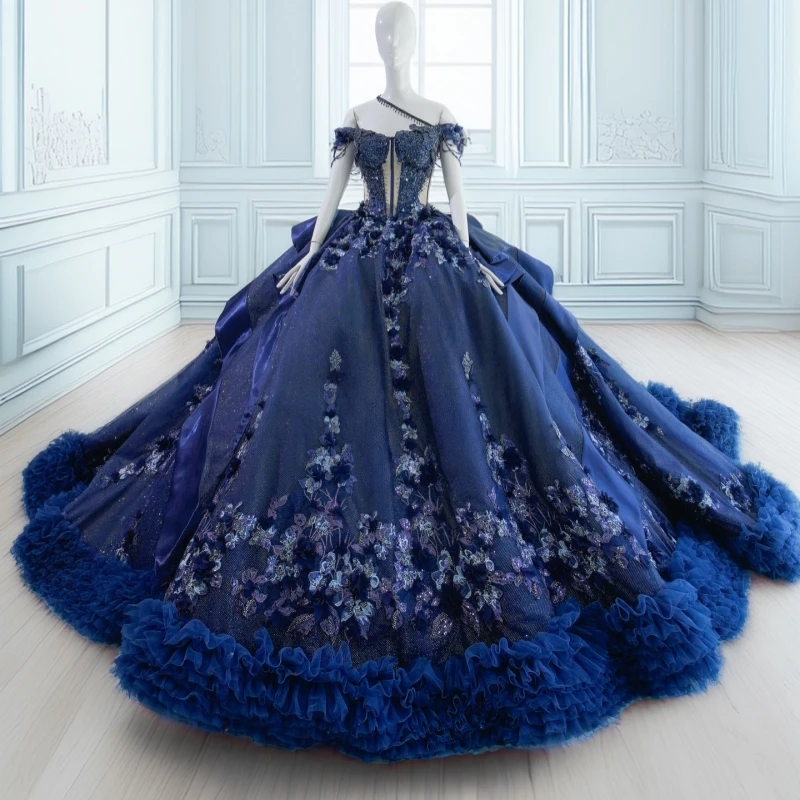 

Navy Blue Shiny Quinceanera Dresses Ball Gown Off The Shoulder Applique Flower Beading Crystal Bow Tiered Tull Corset Party