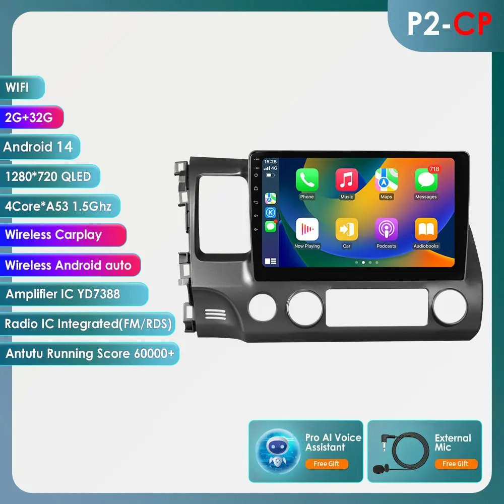 4G Autoradio Android 14 Autostereo Radio voor Honda Civic 8 2006 - 2011 Multimedia Videospeler Navigatie GPS 2Din WiFi Audio BT