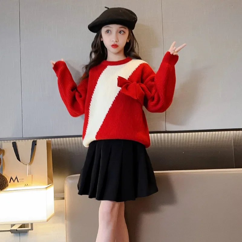 

Korean Autumn Winter Junior Girl Sweater Teenager Girl Pullover Color Blocking Top Elementary Cropped Sweaters Kid Bow Knitwears