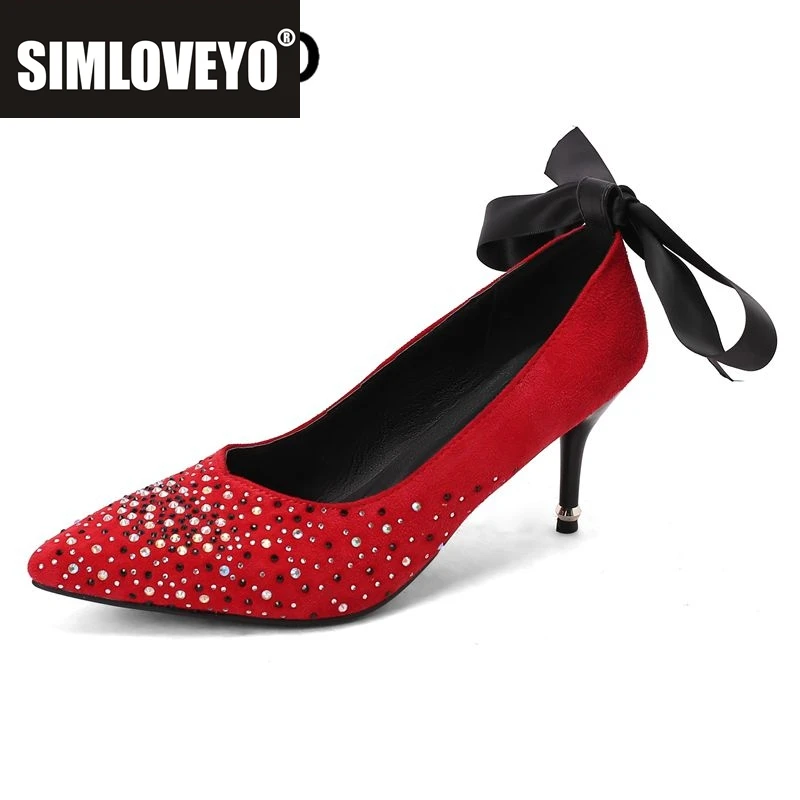 

SIMLOVEYO пикантные женские туфли-лодочки с острым носком на тонком каблуке без шнуровки с бантом и кристаллами, большие размеры 41, 42, 43, модная вечерние свадебная обувь