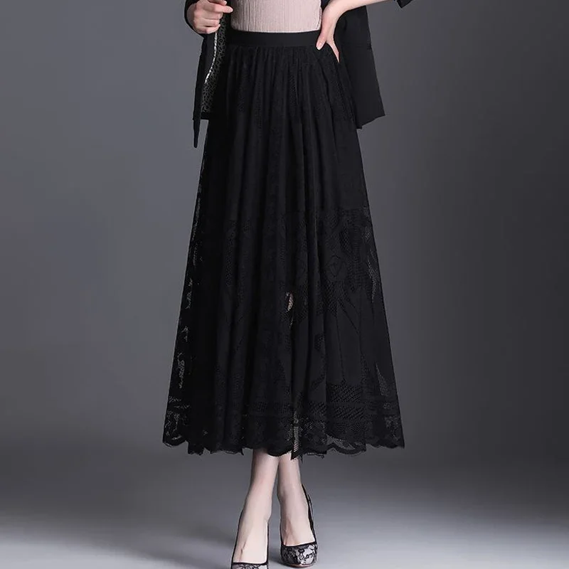 Elegant Lace Patchwork Black Skirts Spring Summer New Solid Loose Hollow Out A-line Skirt Fashion Temperament Women Clothing