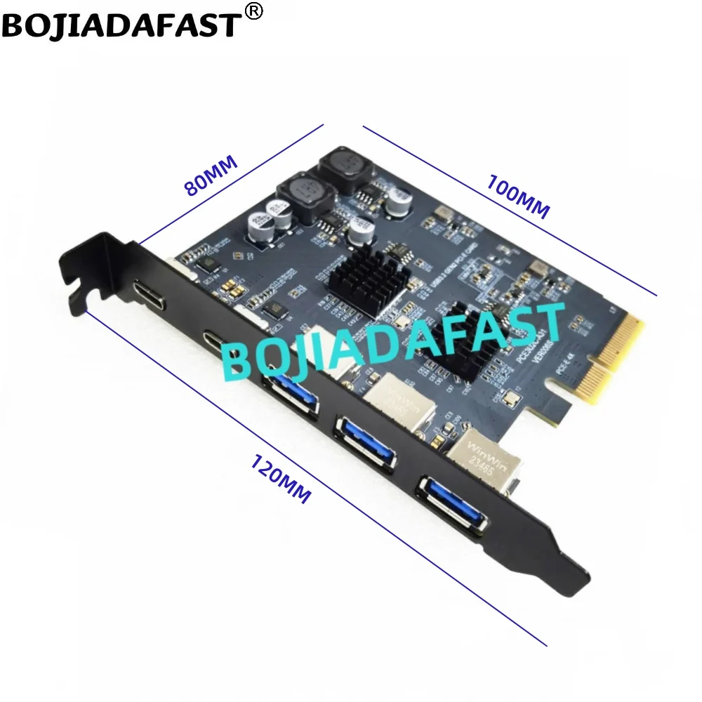 2 * USB 3.2 Type-C + 3 * Type-A Connector 10Gbps GEN2 To PCI Express 4X PCI-E X4 Controller Expansion Riser Card