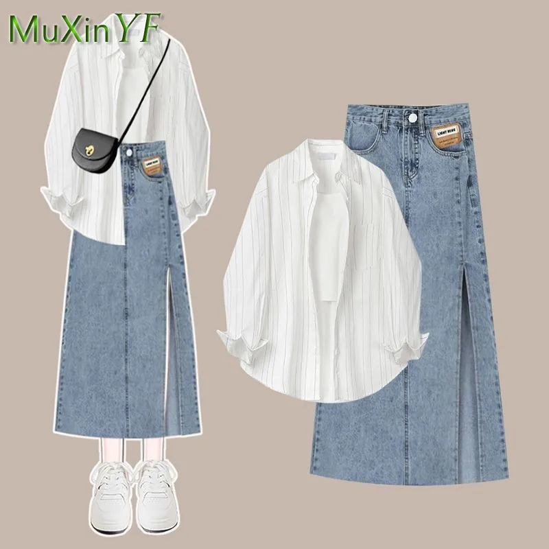 Women\'s Summer New Fashion Denim Skirt Suit 2024 Korean Elegant Sunscreen Striped Shirt+Sling+Sexy Split Dress Three Piece Set