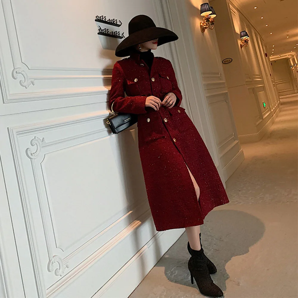 Autumn Winter Office Lady Dress Temperament Red Tweed Coat Women Suit Collar Pockets Belt Waist Long Plaid Woolen Blends Jacket