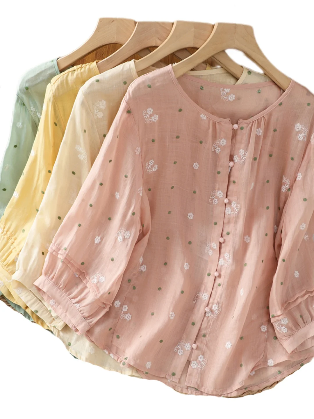 Rétro lourd brodé lin irt femmes été artistique ample minceur décontracté coton lin cinq-quarts Sve haut