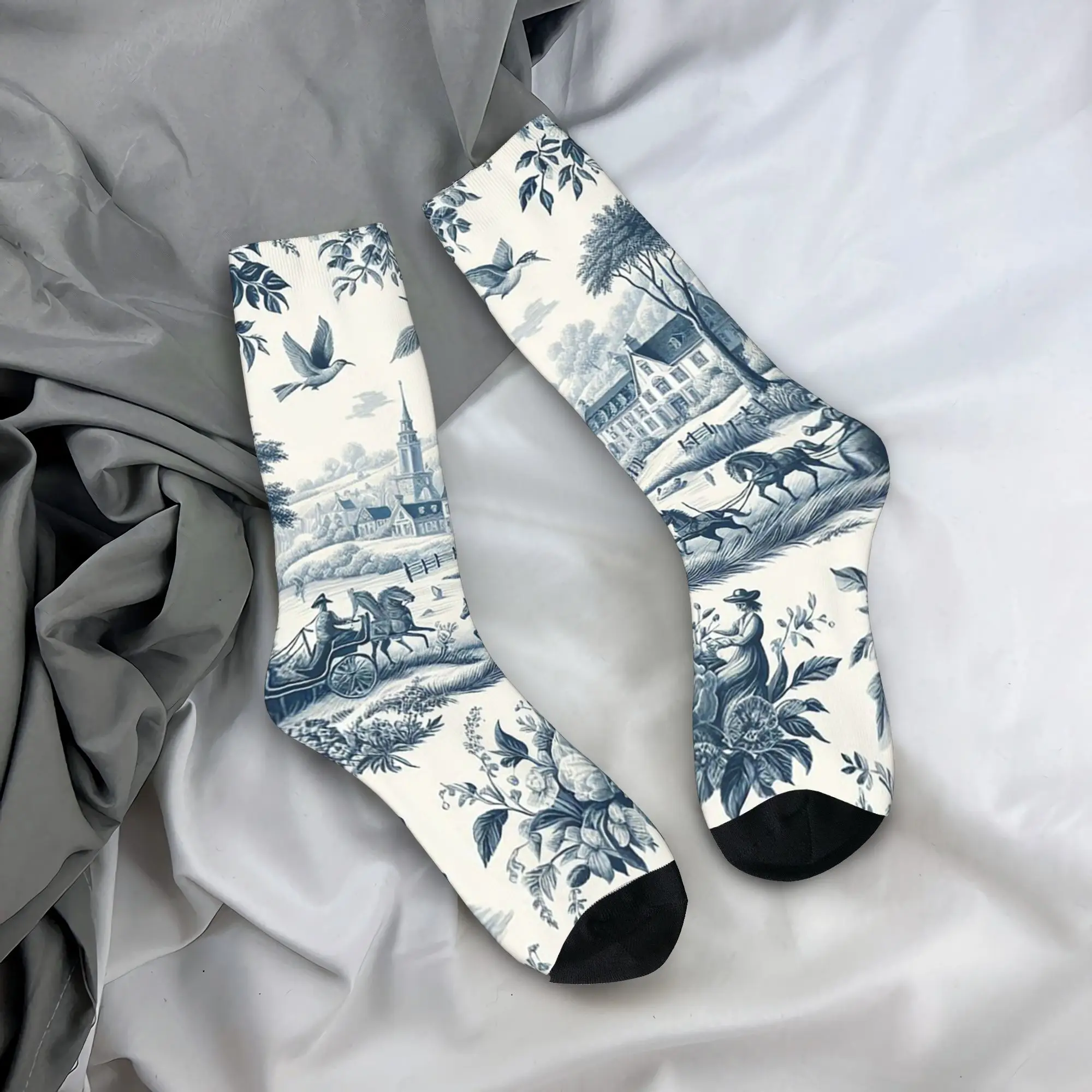 

Носки на все сезоны с узором Toile De Jouy, темно-синие, с рисунком, в стиле Харадзюку, хип-хоп, длинные носки, аксессуары для мужчин и женщин