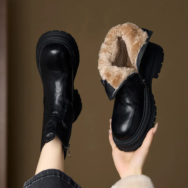

2026 new snow boots made of cowhide with winter fleece and thickened warm cotton short boots
