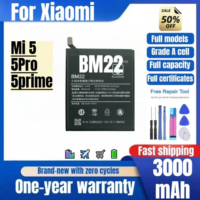 BM22 for Xiaomi Mi 5/5Pro/5prime Phone Battery 0 Cycle High Quality High Capacity Replacement Bateria Grade A Cell with Tools