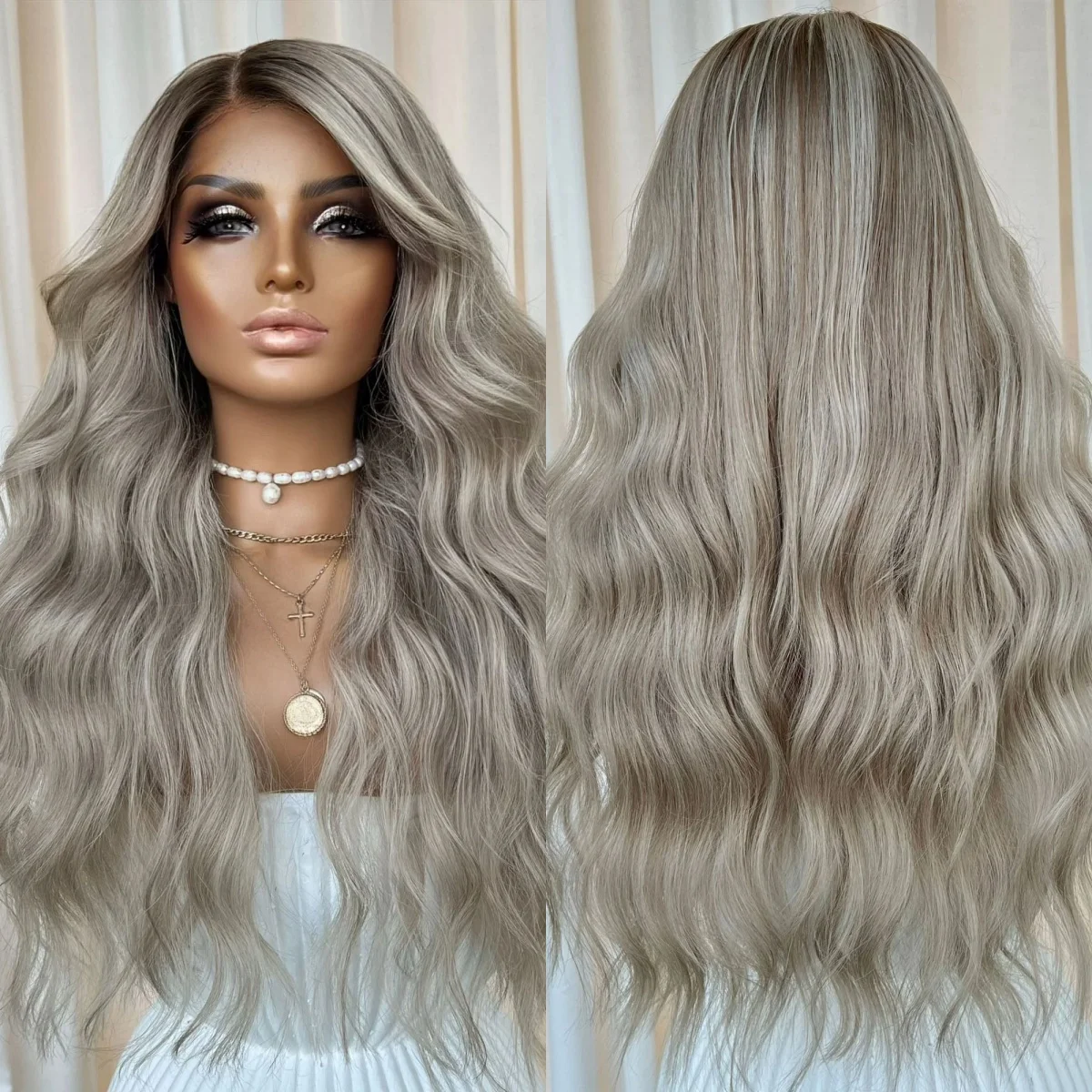 Middle Part Ombre Gray Sliver Blonde Wigs Natural Looking Synthetic Heat Resistant Fiber Wigs Loose Deep Wave Hair Costume Woman