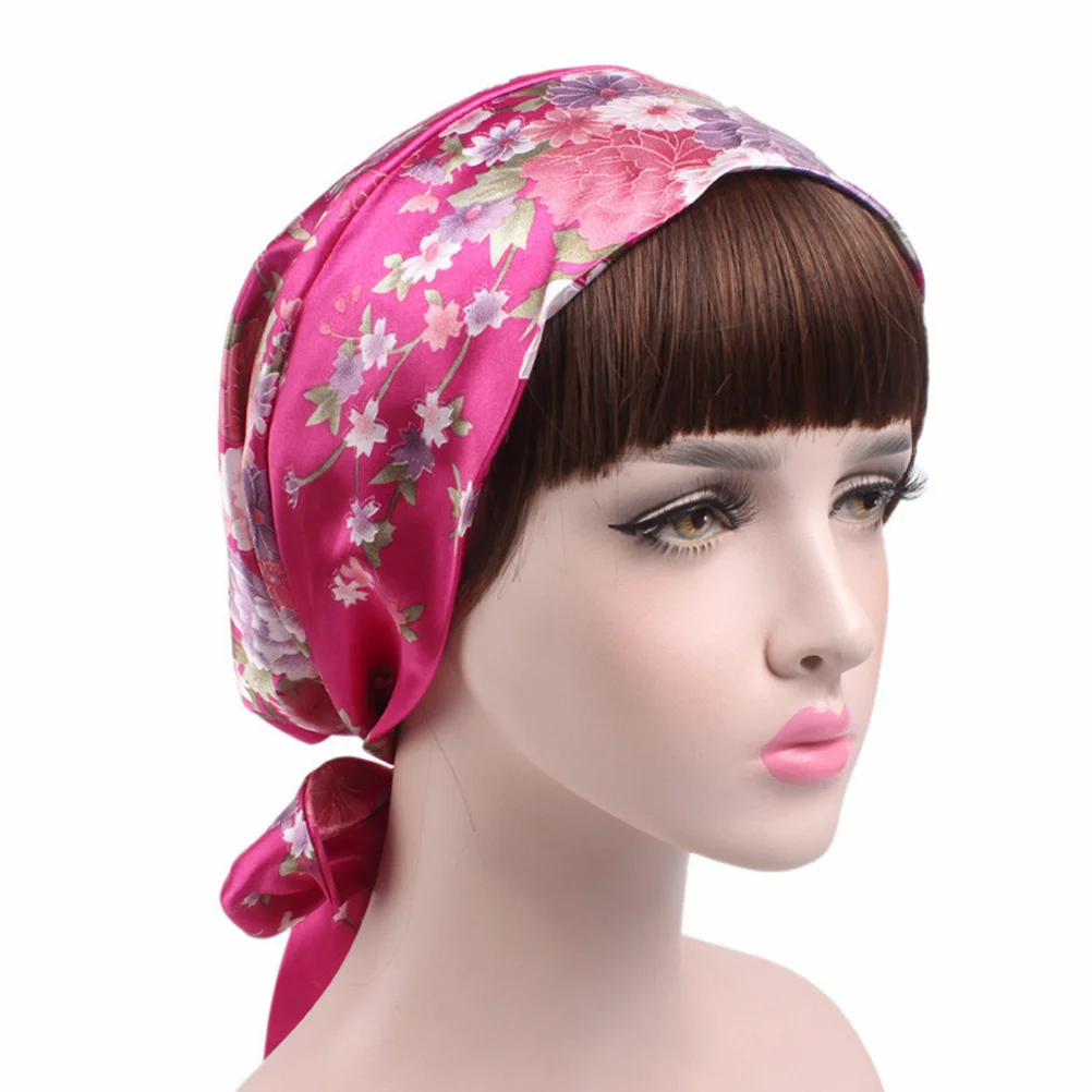 

Satin Sleeping Cap Floral Women Loss Scarf Chemotherapy Headscarf Turban Hat Rosy Big Flower Prints Keep Hair Neat