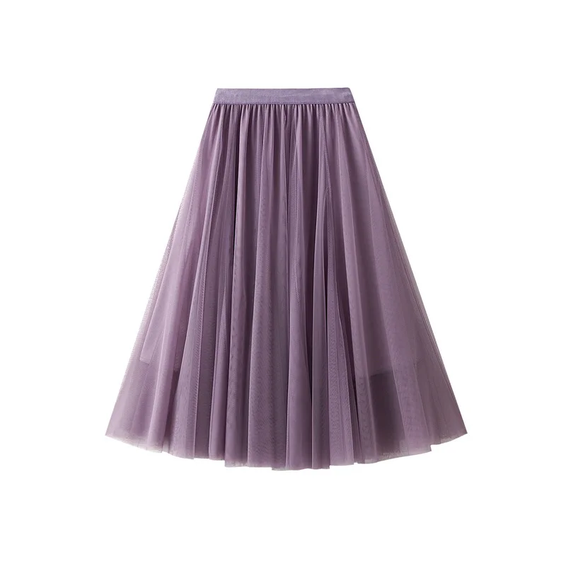 Casual Maxi Tulle Skirt Women Autumn Winter Pleated Skirts Female Korean Fashion High Waist Long Mesh Skirt Lady Purple Skirts