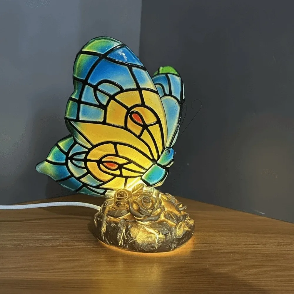 Vintage Colorful Butterfly Light LED Ornament Butterfly Retro Night Light USB Stained Glass Modern Table Lamps for Bedroom