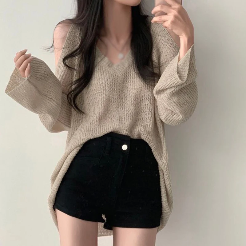 

Autumn Women's Thin Sweater Knitted Top Long Sleeved V-neck Solid Color Casual Off Shoulder Pullovers