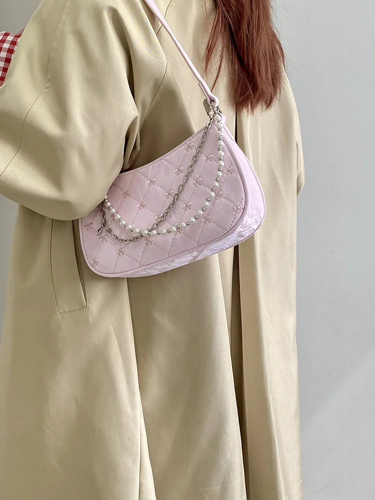 Embroidery Bow Pearl Women\'s Shoulder Bag Sweet Solid Colour Female Crossbody Bags Diamond Sewing Thread Ladies Commute Purses