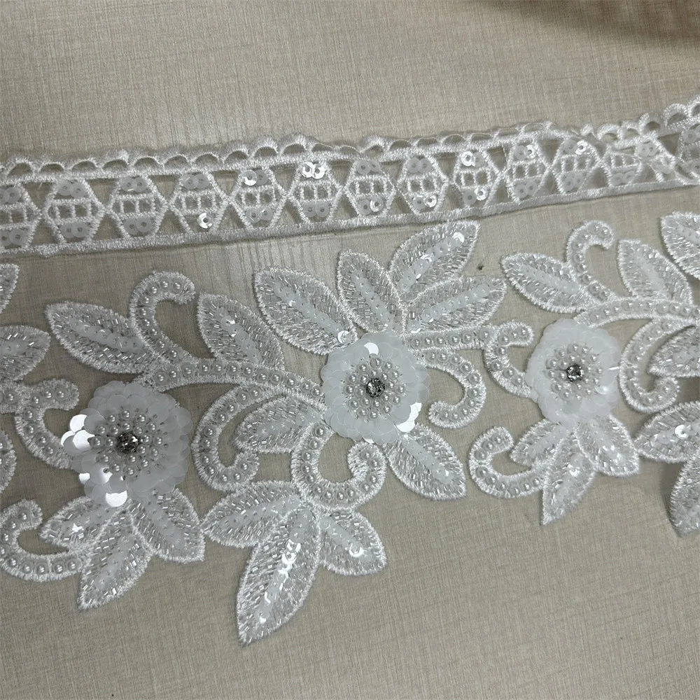 4.5yards wholesale beaded white sequin wedding bridal lace fabric for clothing