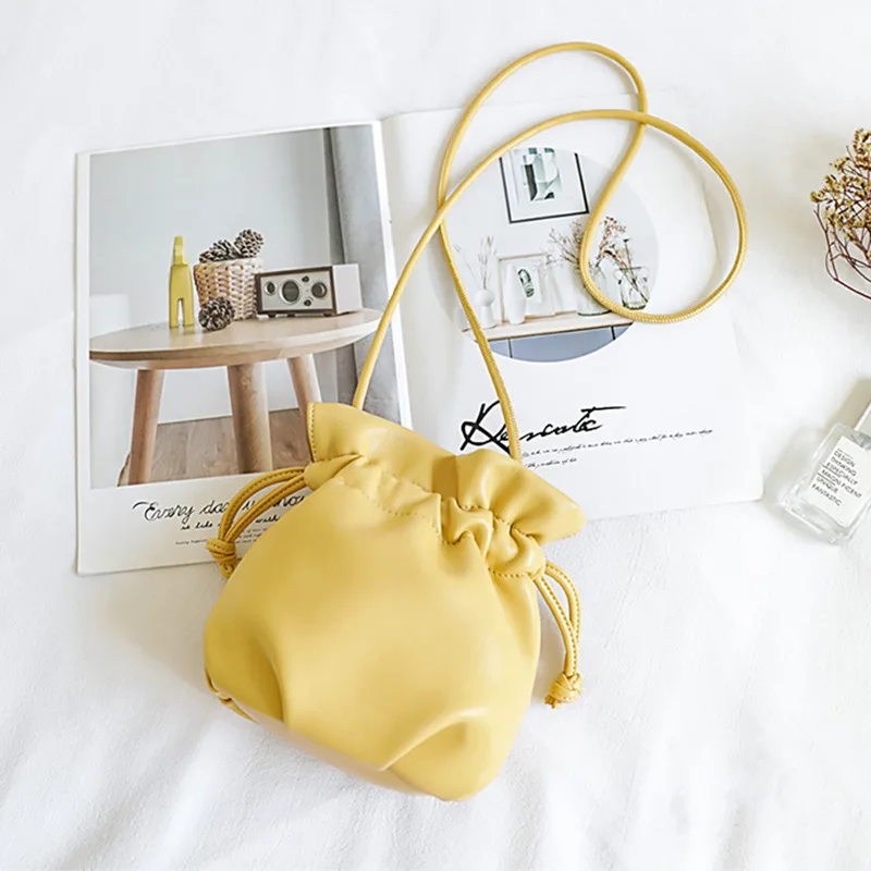 

Soft Leather Cute Pleated Bag Drawstring Bag Versatile Mobile Phone Bag New Bucket Type Soft Surface Woman's Brief Messenger Bag