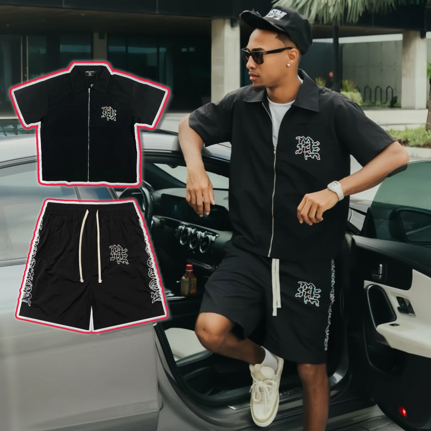 

Mixed Emotion American Streetwear Vintage Rhinestone Embroidery ort Sve irt Set Faionable Casual Sle for Youth