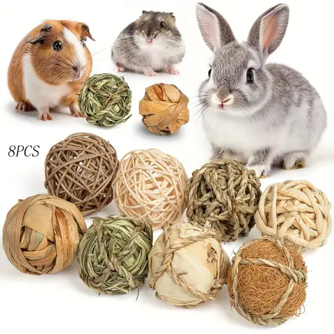 8pcs Bunny Grass Balls Rolling Toys for Small Animals Natural Grass Chewing Ball Toys for Rabbits Guinea Chinchillas Hamsters