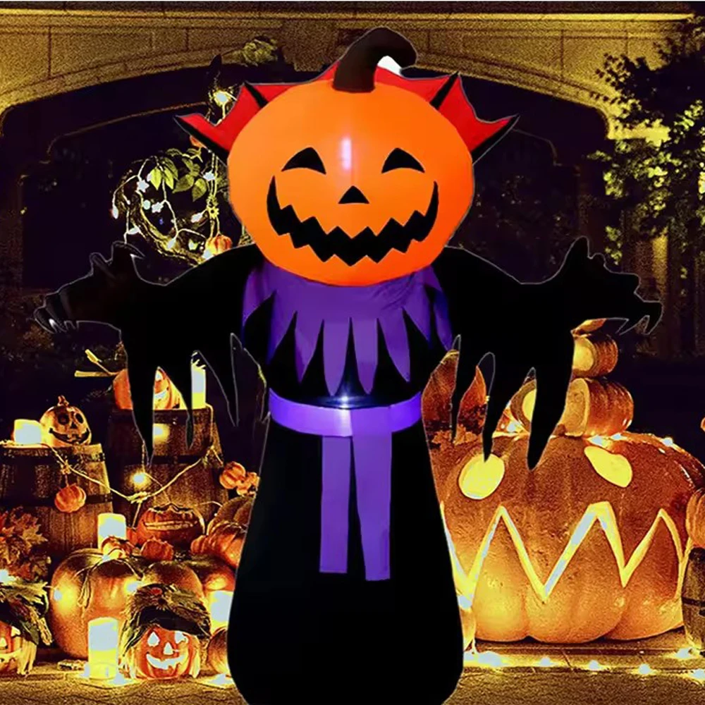 

Giant Halloween Decoration Inflatable Monster With Pumpkin Head &Vampire Collar Outdoor Lawn Party Event Led Lights