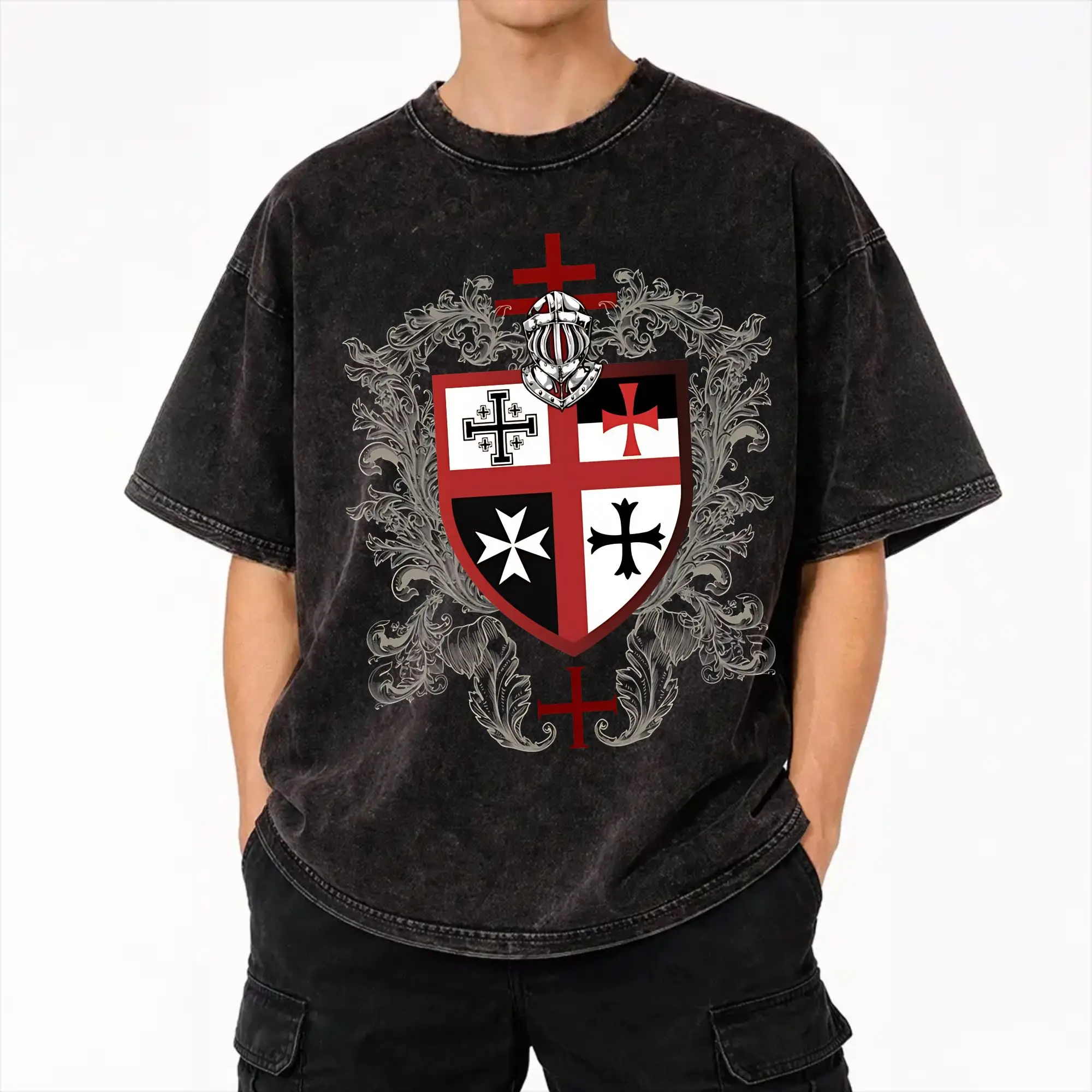 Harajuku Washed Shirts Templar Cross Knights Accessories Fashion T Shirt High Street  Streetwear Cotton Printed Tees