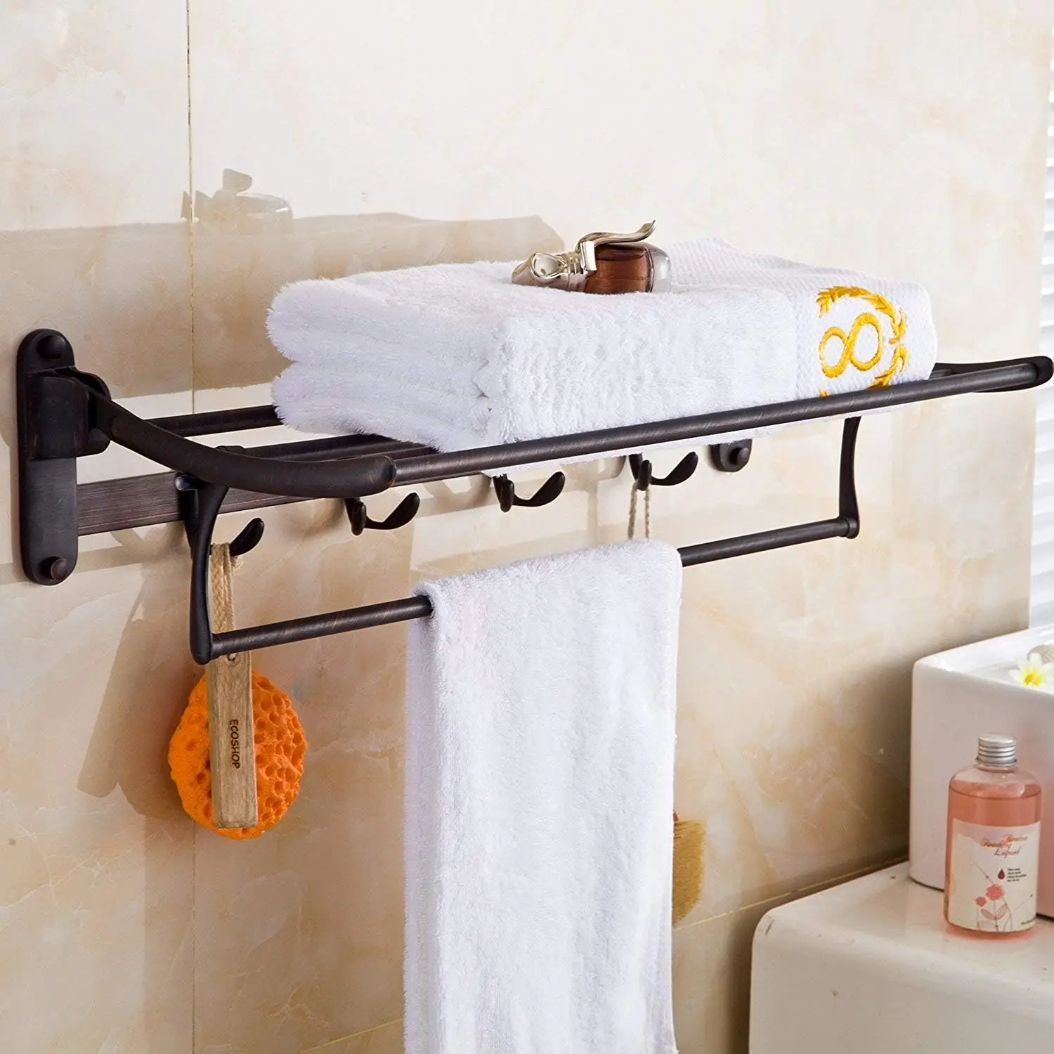 Oil Rubbed Bronze Towel Racks for Bathroom Shelf with Foldable Towel Bar Holder and Hooks Wall Mounted Multifunctional Rack