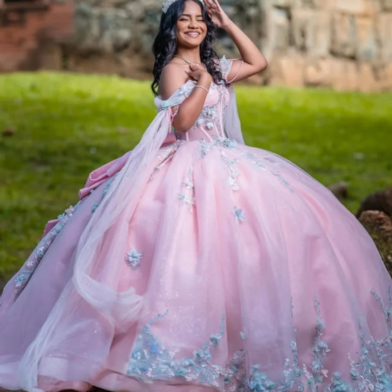 

Customized light pink Quinceanera Dresses Off the Shoulder crystal decal Long tail Lace beads flower Vestido 15 Quinceanera