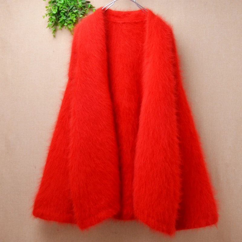 

Female Women Spring Autumn Clothing Red Hairy Mink Cashmere Knitted Long Sleeves Loose Cardigans Mantle Angora Fur Coat Sweater