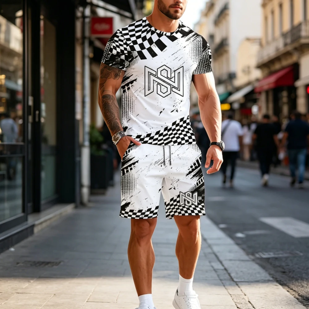 

2026 Men's New Sports Quick Drying Breathable Beach Set Outdoor Fashion Leisure Jogging Fitness Short T-shirt Shorts 2-piece Set