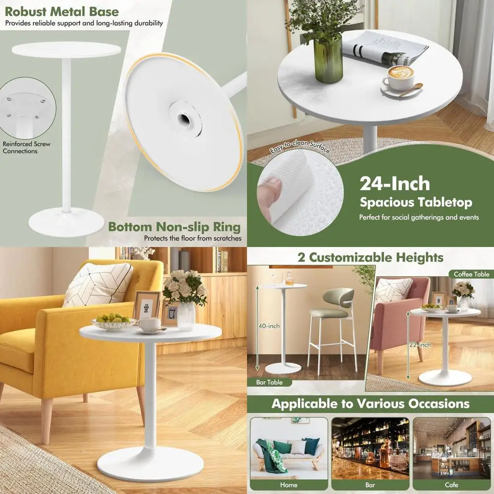 

White Adjustable Height Bistro Table with Metal Base for Home Bar, Dining, Restaurant Use