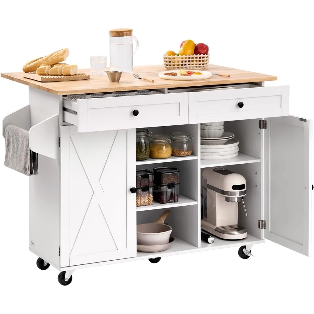 

"Wooden Top Kitchen Island Cart with Storage, Rolling Drop Leaf Table, Drawers, and Spice Rack"