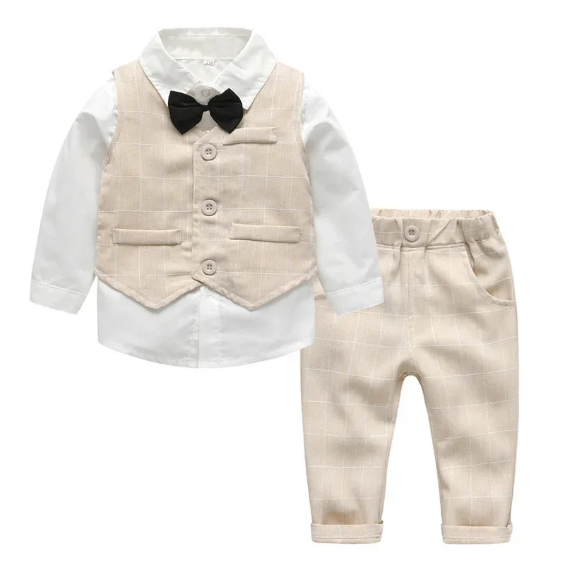 Spring Baby Boys Gentleman Suits Blazers Clothes Vest Shirt Pants 3piece Wedding Formal Party Plaid Stripe Kids Sets 0-4Y