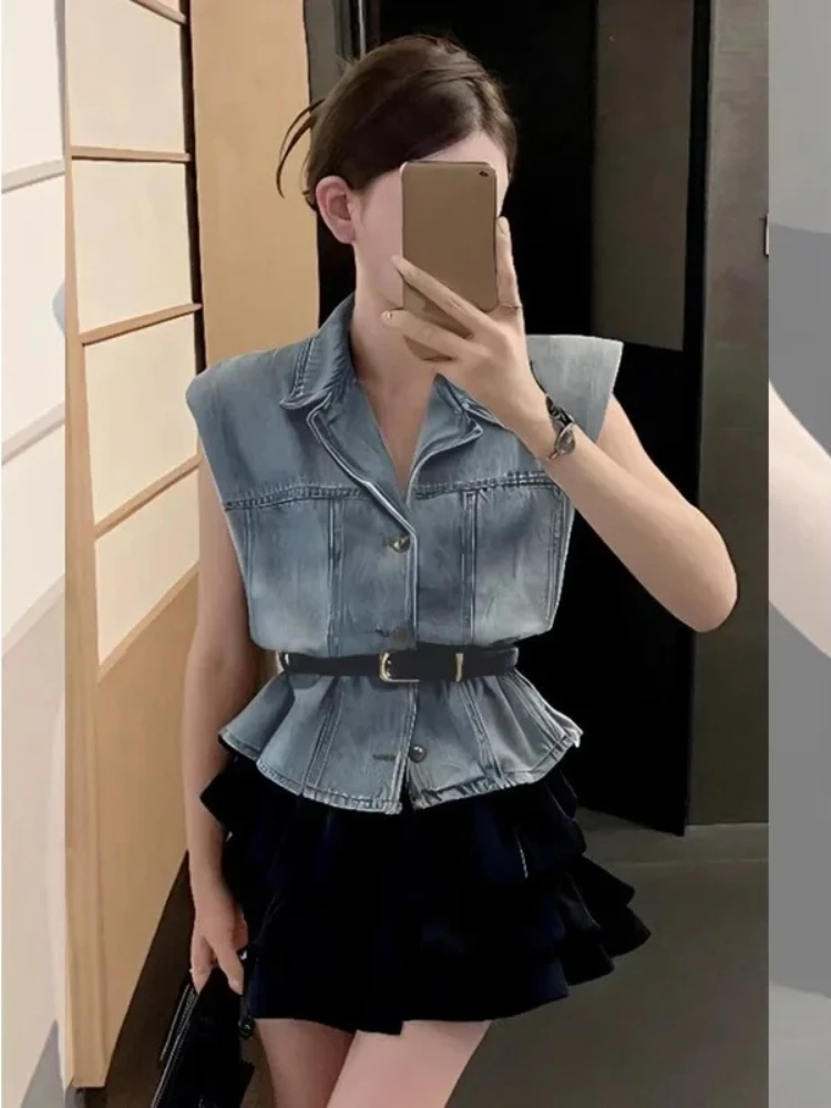 Ensemble 2 pièces en jean sans manches pour femmes, mode coréenne Chic, chemises + Mini jupe gâteau mignonne noire, tenue élégante et décontractée, été