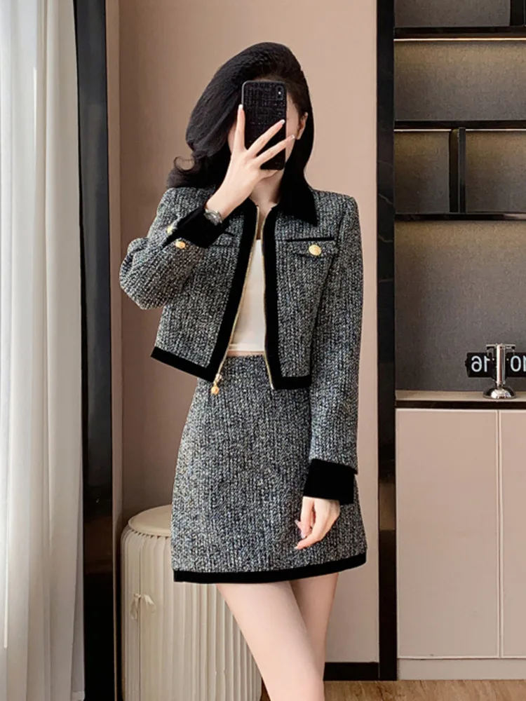 High Quality Fashion Casual Tweed 2 Piece Sets Women Outfit Thicker Jacket Coat + Skirt Suits Elegant Ladies Conjuntos Cortos