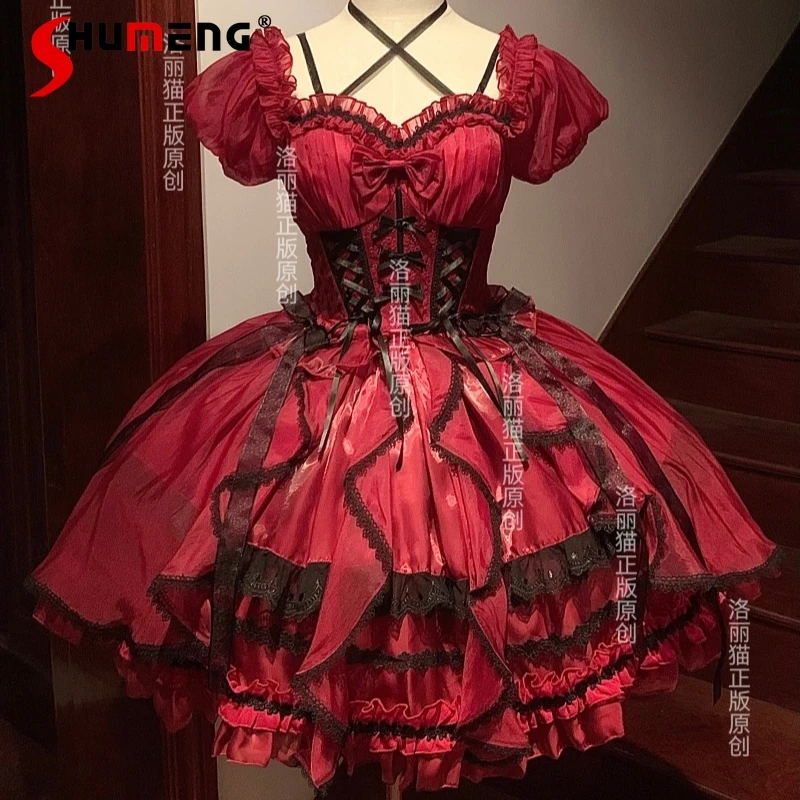 

Christmas Party Red Lolita Short Sleeve Dresses OP Girl's Women Sweet Cute Bow Lace Birthday Dress Gothic Princess Dress JSK