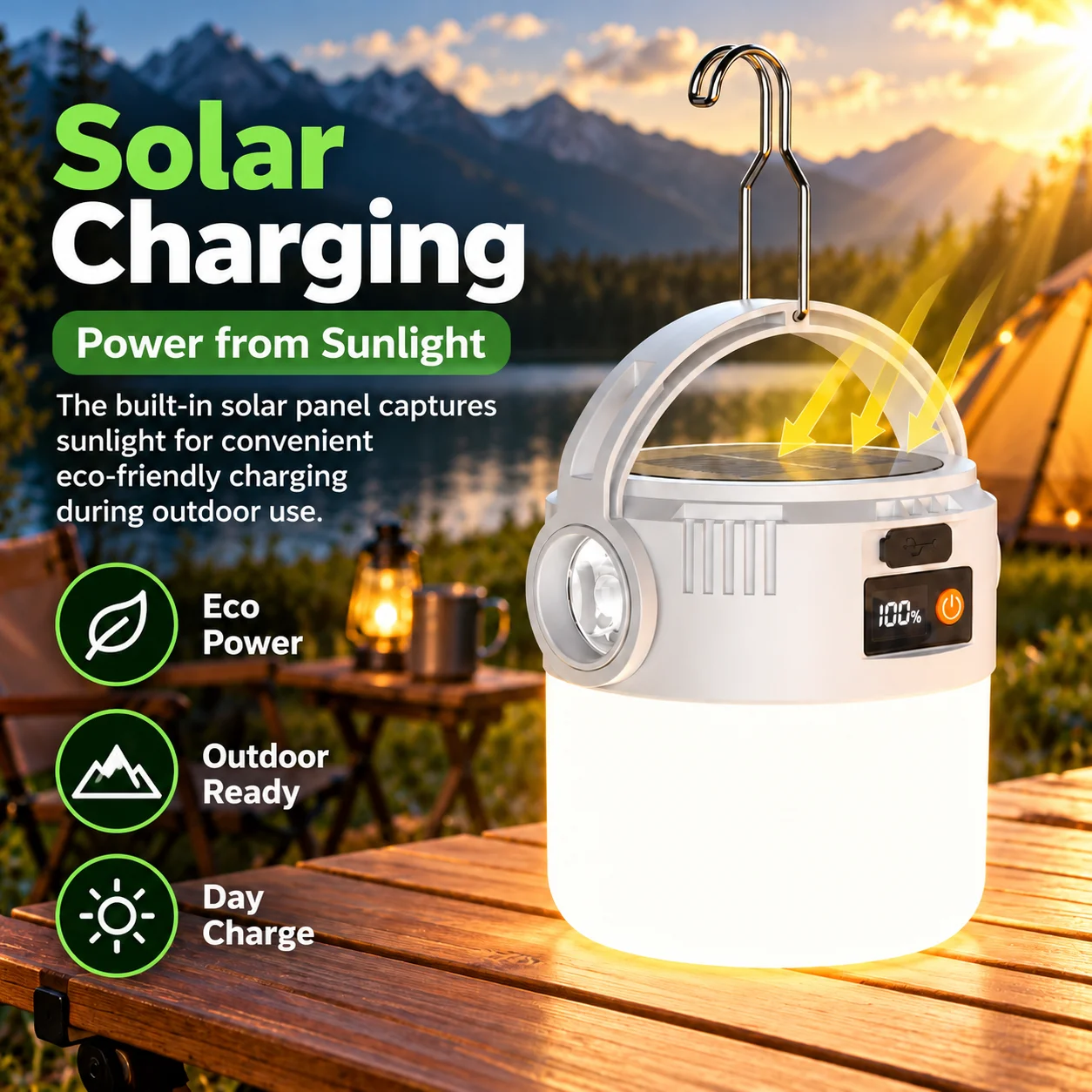 Solar LED Camping Lantern Rechargeable Outdoor Tent Light USB Type-C Charging Portable Lamp with Hook Battery Display Emergency