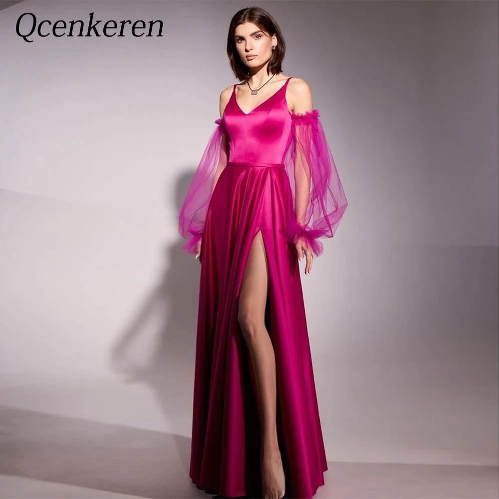 

V-neck Puff Sleeve Evening Formal Sheath Bespoke Floor-Length Party Dresses Court Train Gowns Women Robes de Soirée