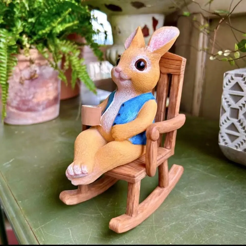 Kawaii Rabbit Rocking Chair Sculpture Mini Cartoon Easter Bunny Desktop Figurine Durable Creative Bunny Resin Ornament