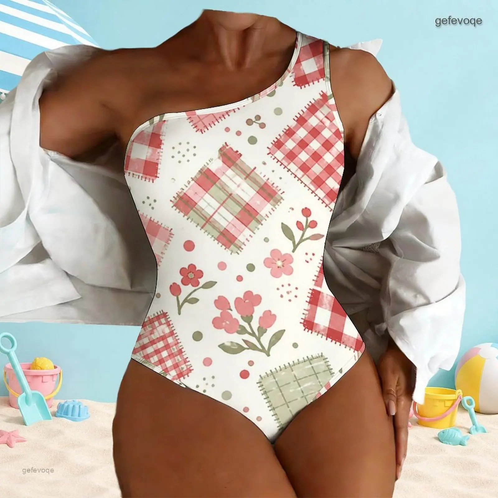 Women One Shoulder One Piece Asymmetric Neck Printed Swimsuit