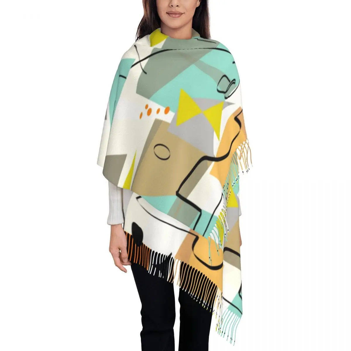 Moda metà secolo moderna arte astratta sciarpa nappa donna inverno autunno scialli caldi avvolge sciarpe geometriche minimaliste da donna