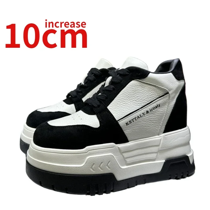 Invisible Inner Height Increased 12CM Casual Shoes for Women Genuine Leather Thick-soled Platform Summer Thin Hollow Dad's Shoes