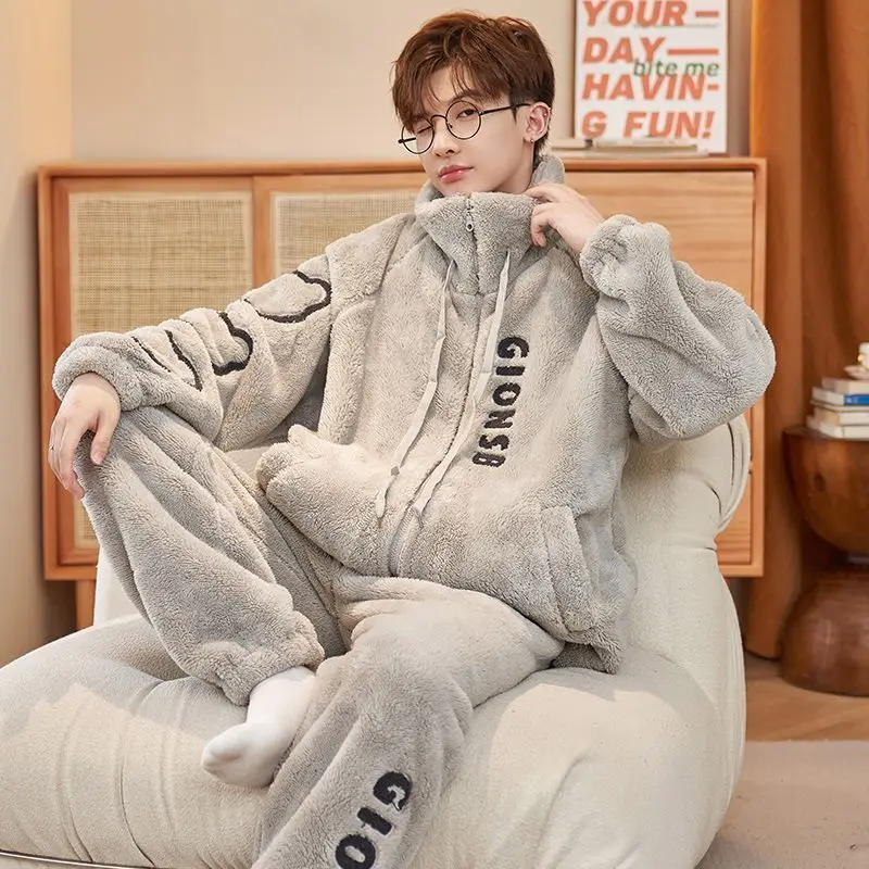 Autumn Winter Coral Fleece Fleecing Intensification Gentleman Pajamas Loungewear Flannel Hooded Warm Teenager Set Mens Clothes