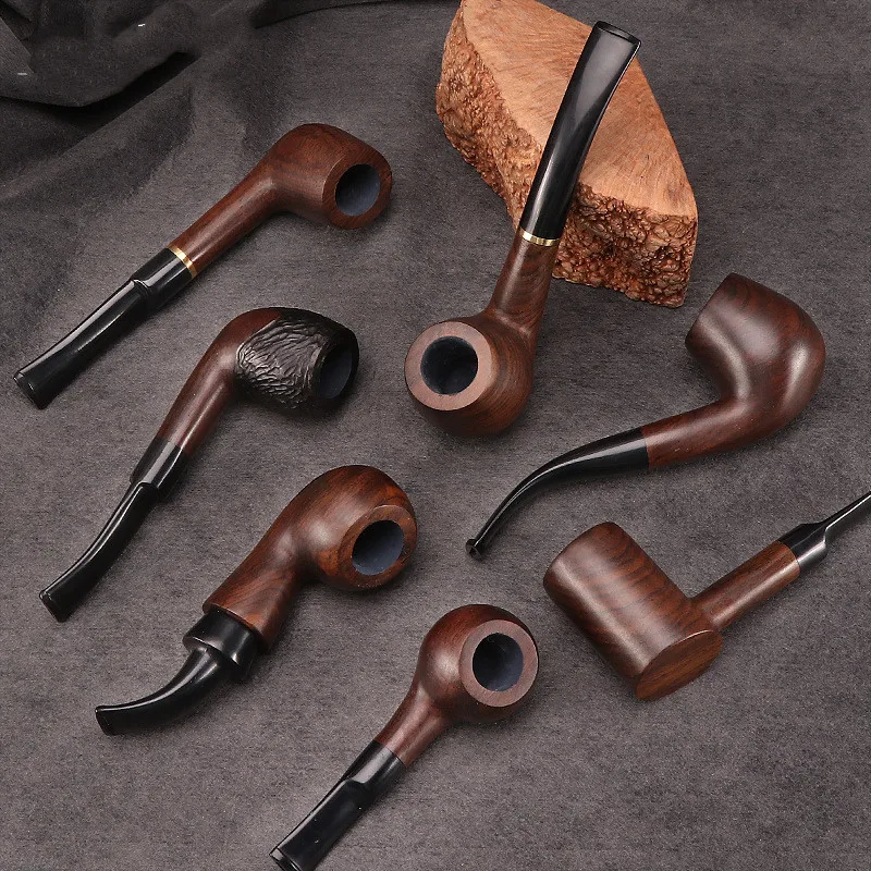 1Pc  Ebony Smoking Pipe 9mm Filter Bent Tobacco Pipe Gold Ring Wood Pipe with Smoke Pipe Accessory Ru free shipping