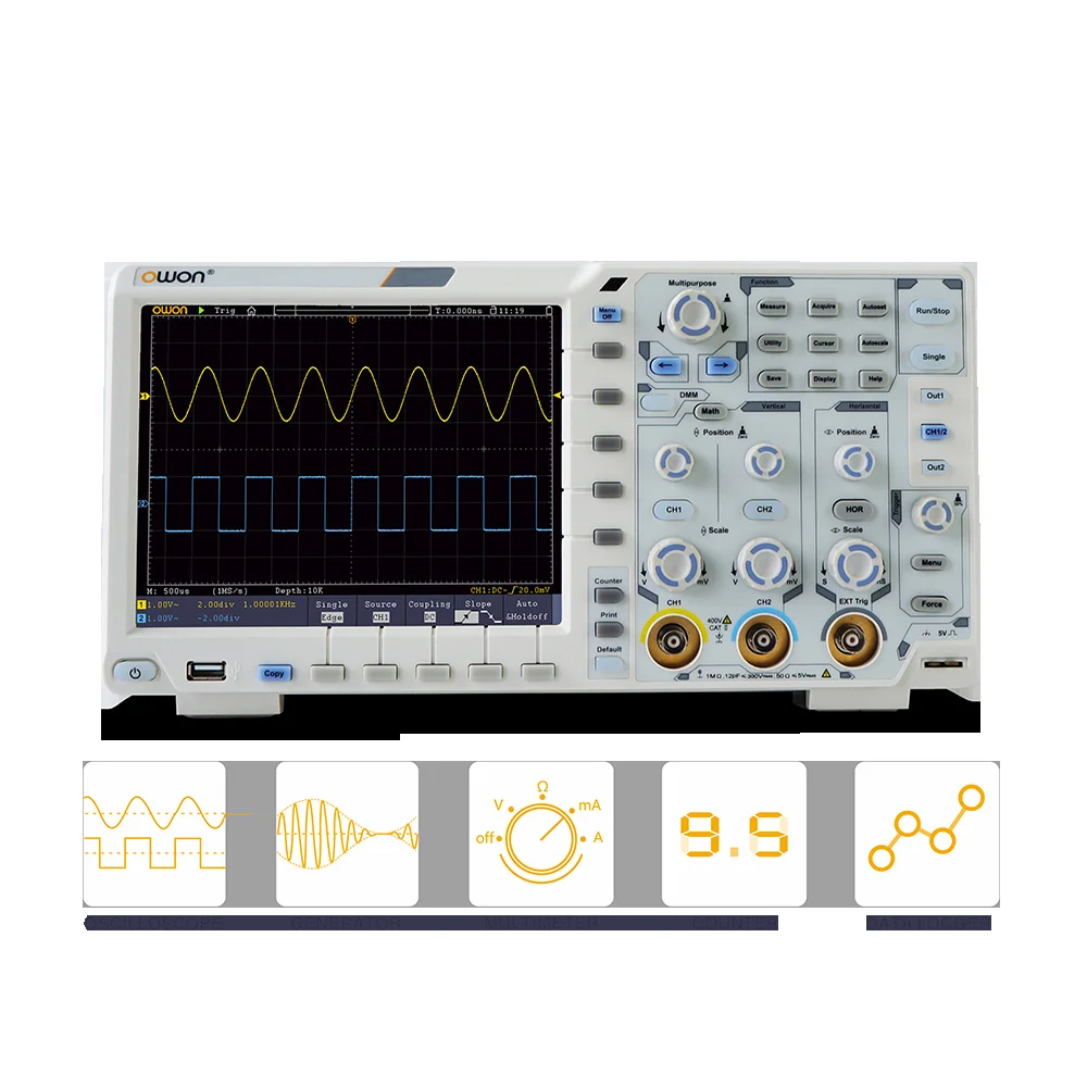 OWON XDS3102 Digital Oscilloscope LCD Display 2 Channels 1GS/s 100Mhz Bandwidth 8 Bites Optional VGA/WIFI/AWG